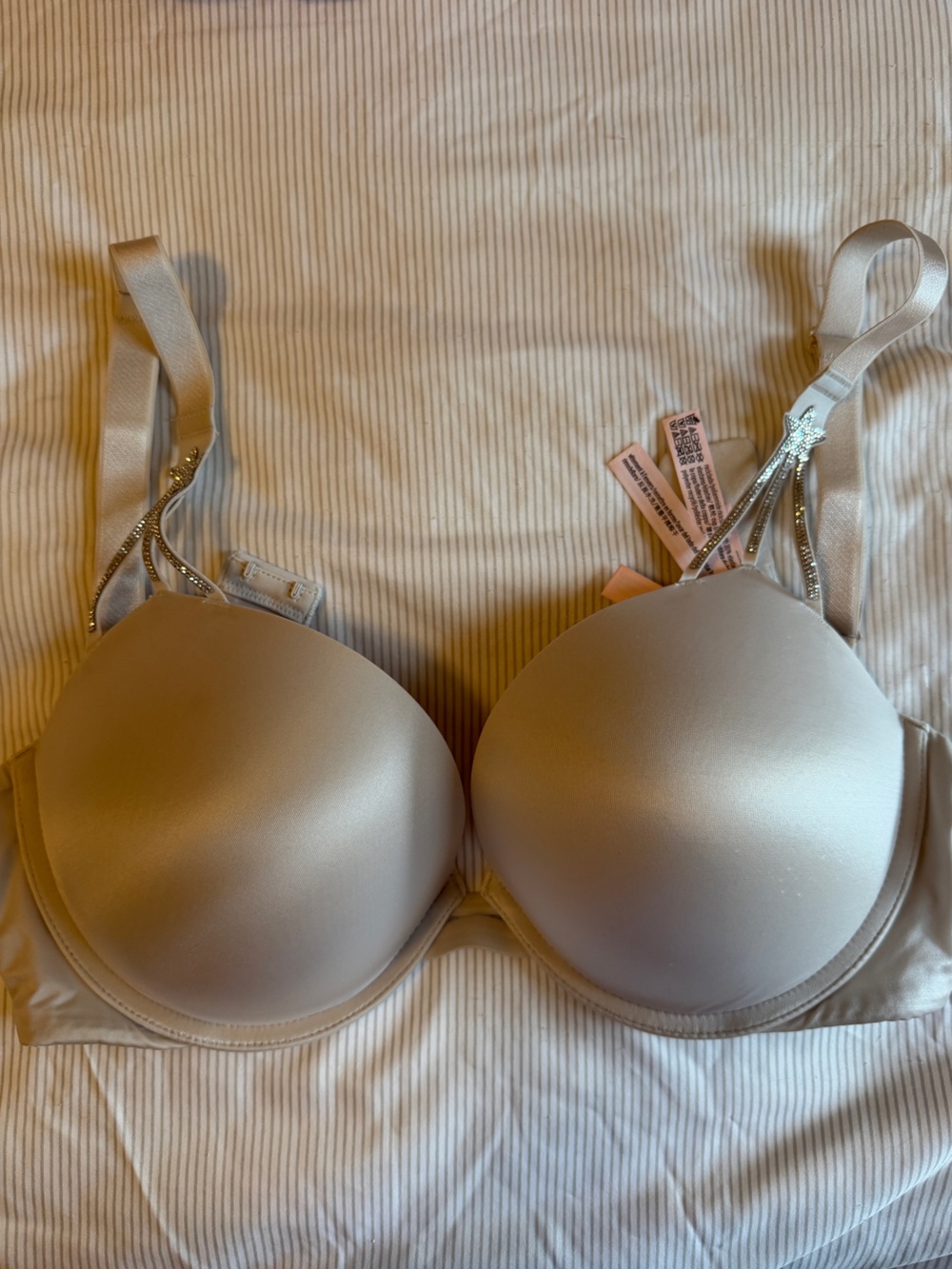 Victoria's Secret Silver Satin Padded Bra with Rhinestone Straps